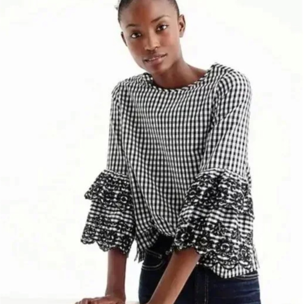 J. Crew Black and White Gingham Lace-Trim Bell Sleeve Blouse